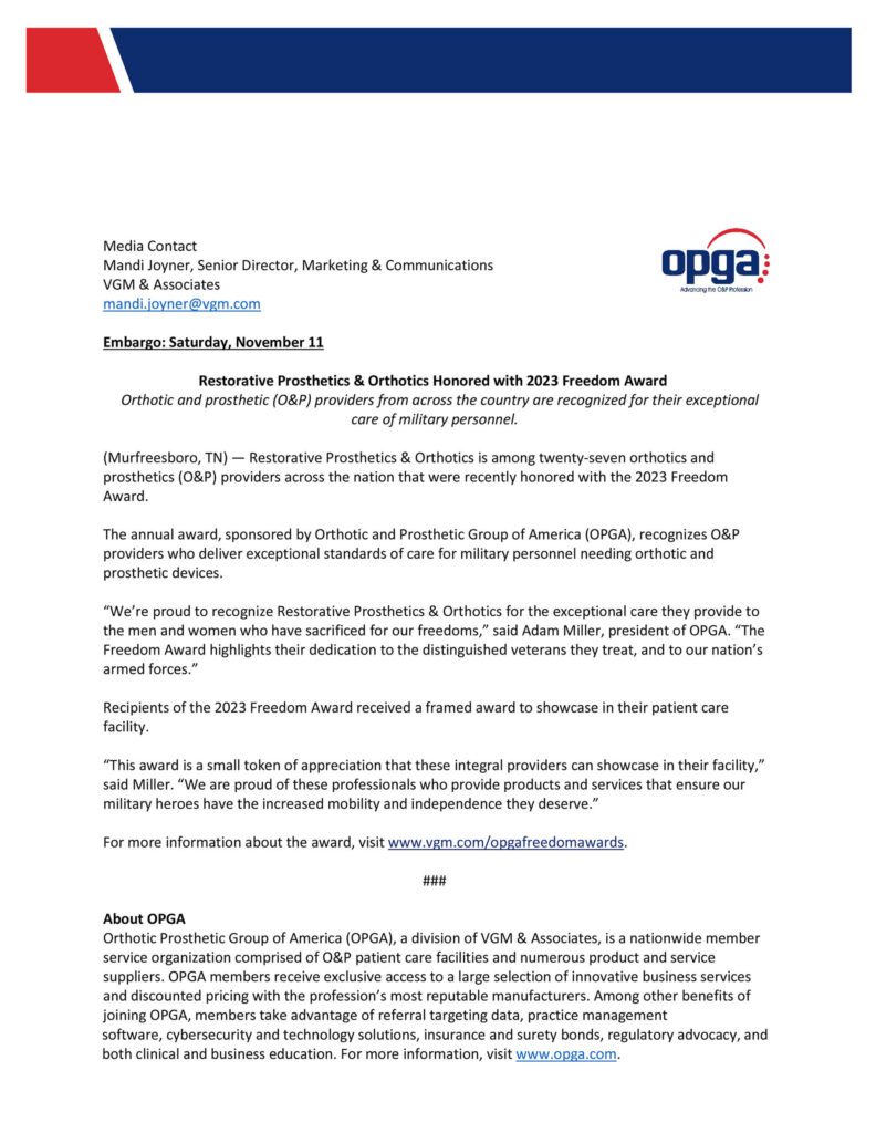 OPGA Award Letter for Restorative Prosthetics and Orthotics